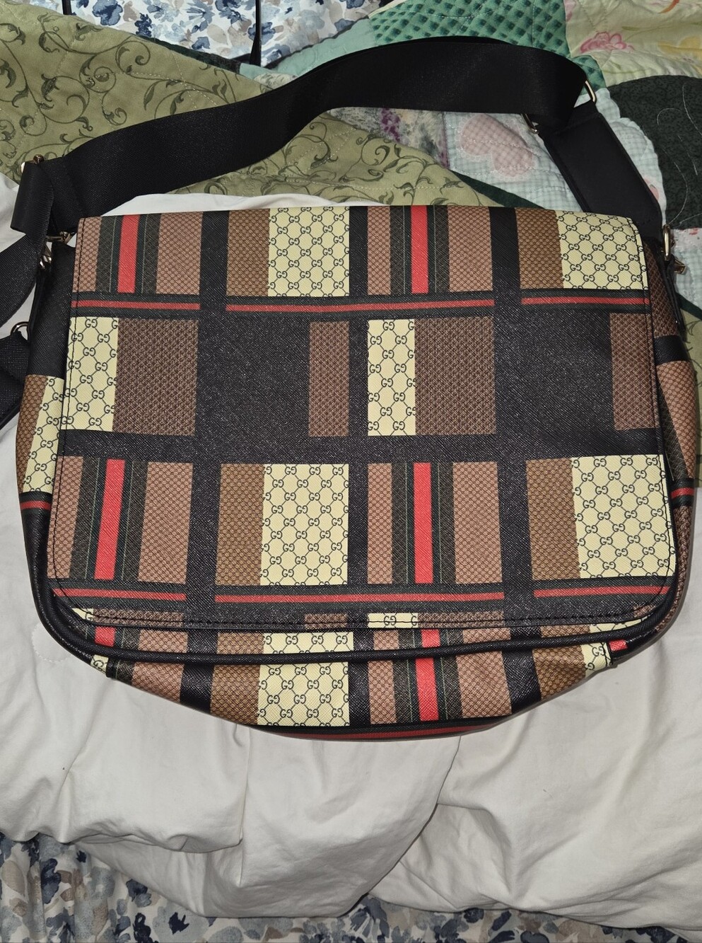 Brown Patterned Men's Gucci Crossbody Messenger Bag with Red Accents